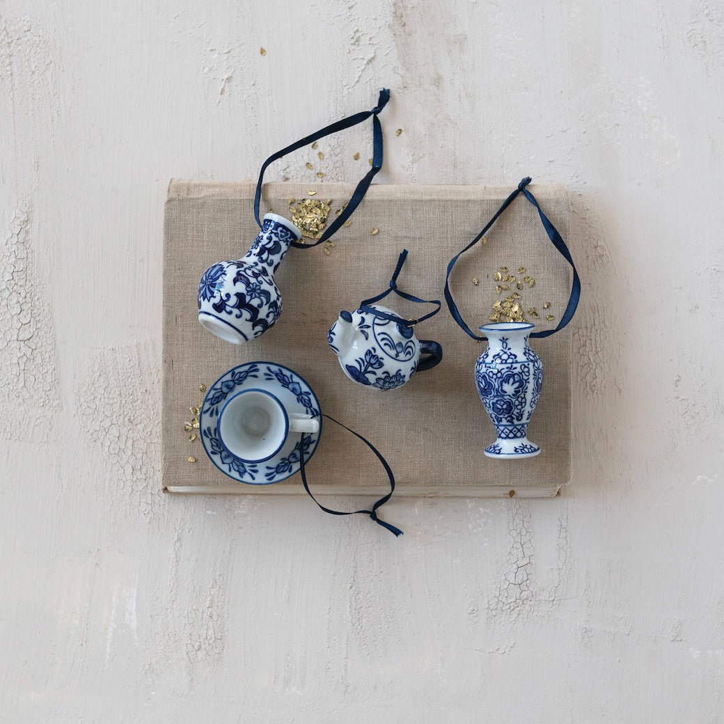Blue & White Stoneware Vase, Teapot, & Teacup Ornaments CHOICE of Style - Marmalade Mercantile