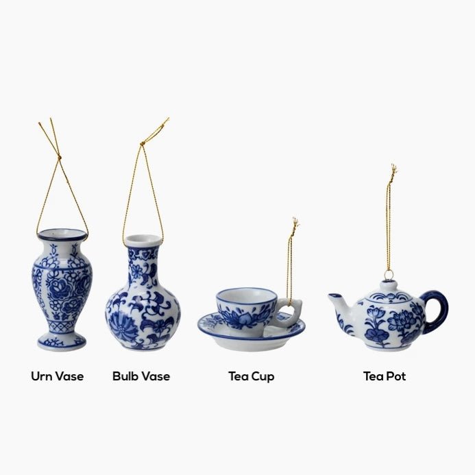 Blue & White Stoneware Vase, Teapot, & Teacup Ornaments CHOICE of Style - Marmalade Mercantile