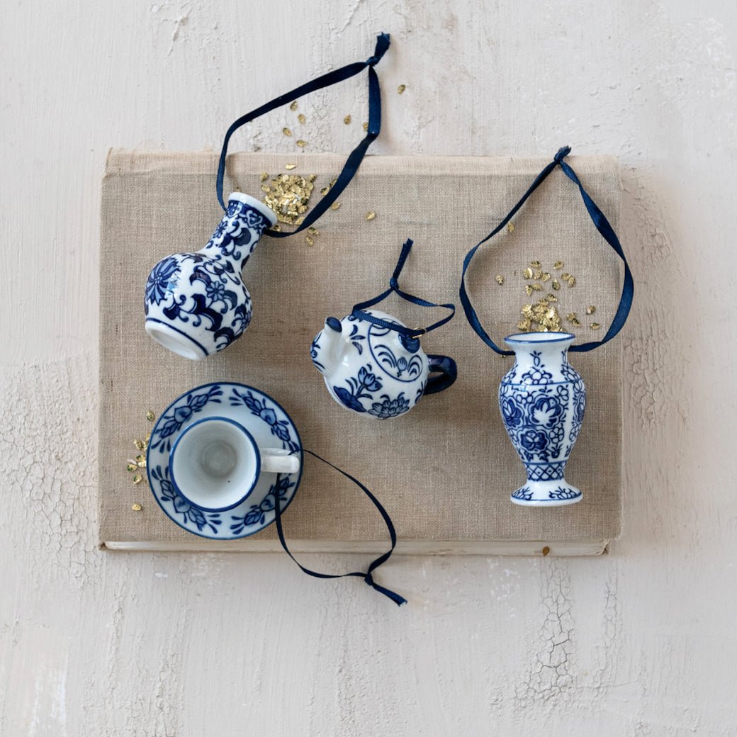 Blue & White Stoneware Vase, Teapot, & Teacup Ornaments CHOICE of Style - Marmalade Mercantile