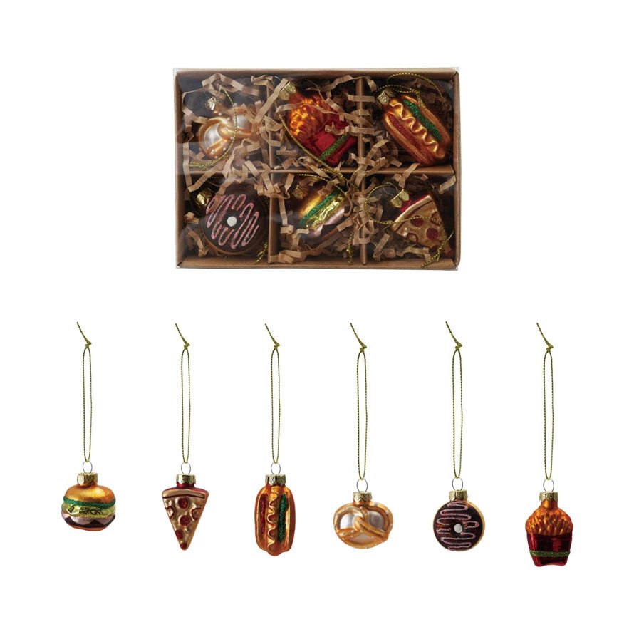 Boxed Set of Six Glittered Glass Junk Food Ornaments - Marmalade Mercantile