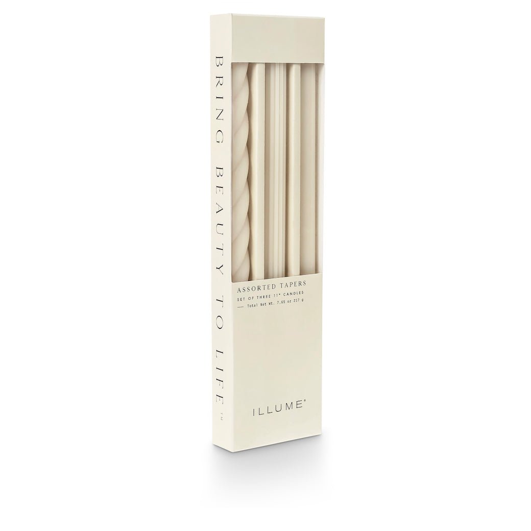 Boxed Set of Three Assorted Taper Candles Off - White Color - Marmalade Mercantile
