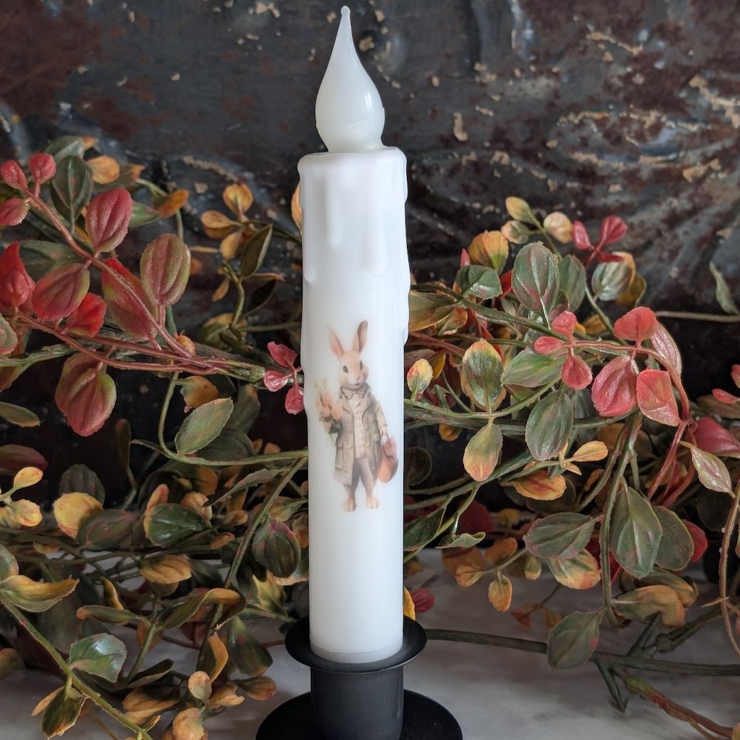 Brown Easter Bunny w Flowers & Brown Coat LED Battery Taper Candle - Marmalade Mercantile