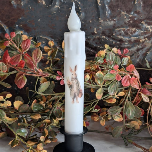 Brown Easter Bunny w Flowers & Brown Coat LED Battery Taper Candle - Marmalade Mercantile