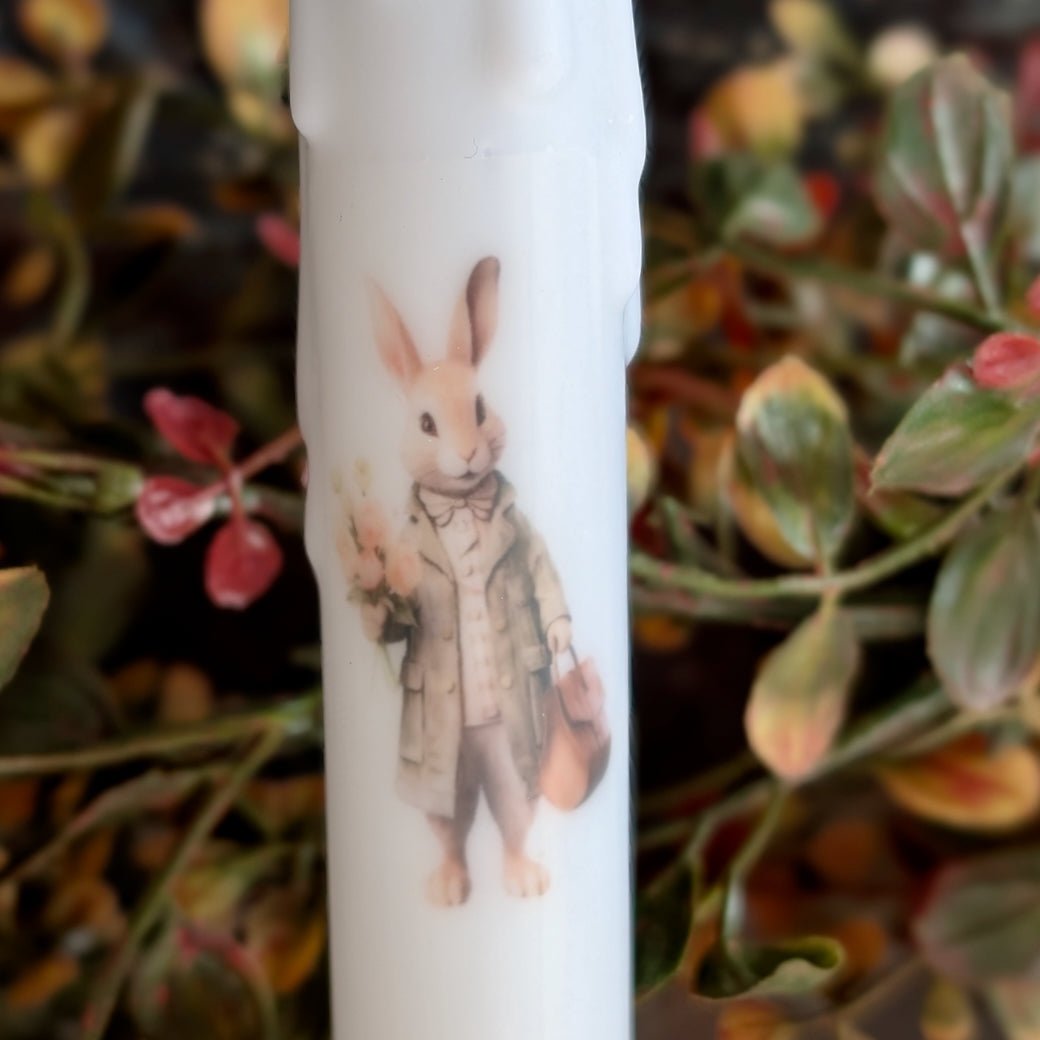 Brown Easter Bunny w Flowers & Brown Coat LED Battery Taper Candle - Marmalade Mercantile