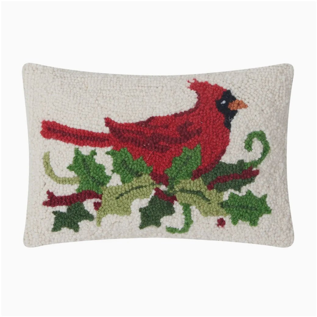 Cardinal in Holly Sprig Hooked Rug Pillow - Marmalade Mercantile