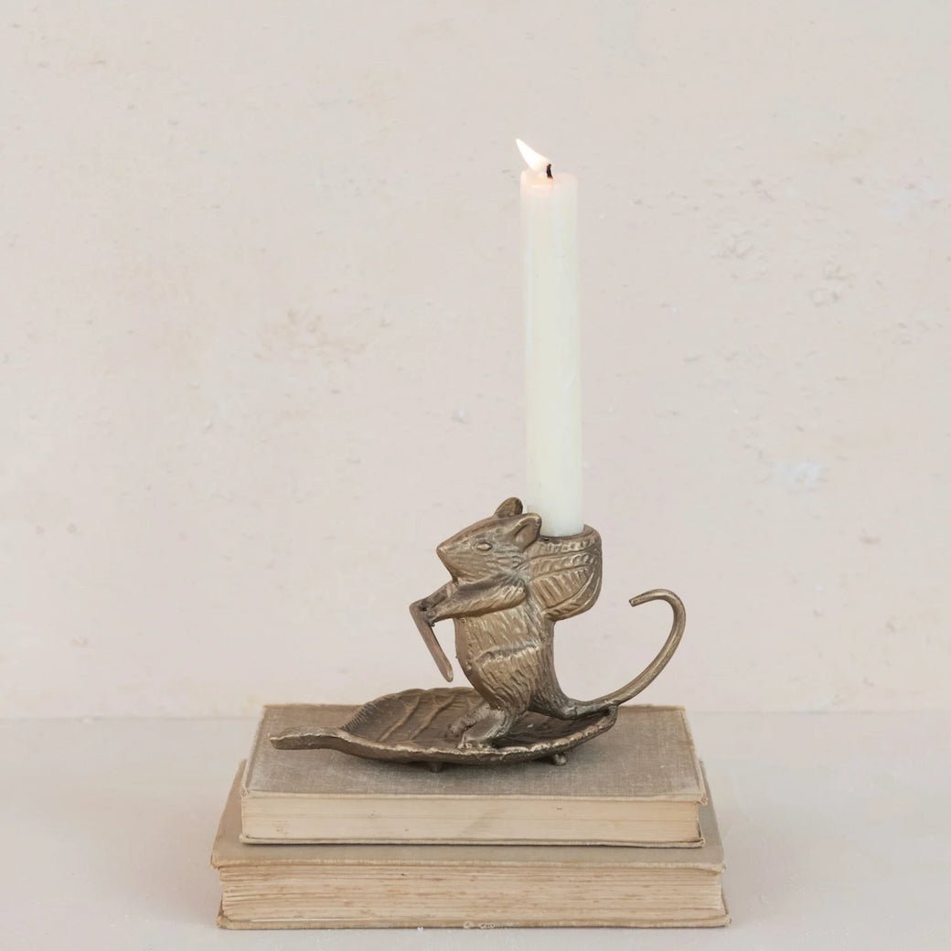 Cast Metal Taper Holder with Mouse on Leaf - Marmalade Mercantile