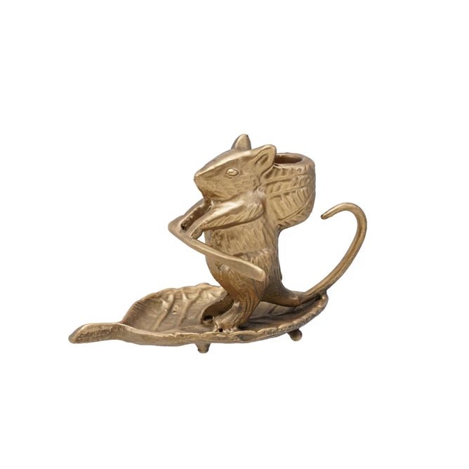Cast Metal Taper Holder with Mouse on Leaf - Marmalade Mercantile