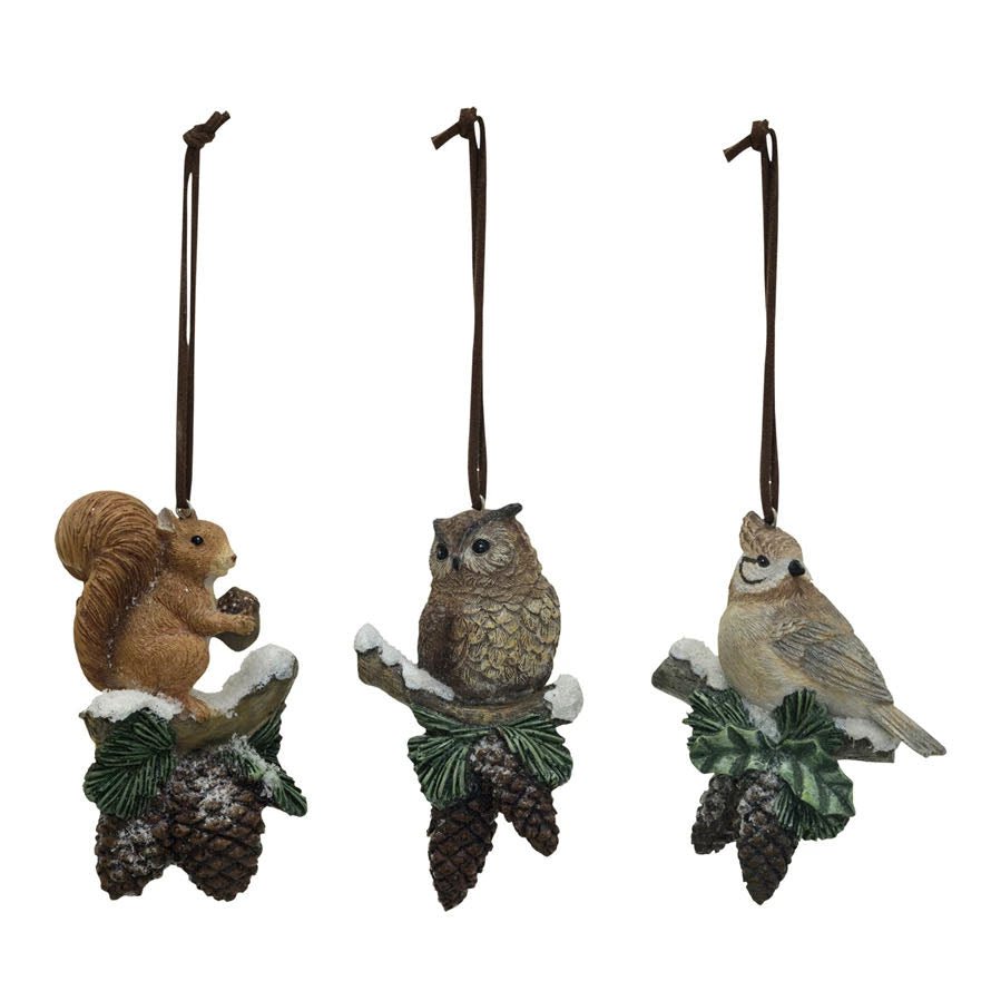 Cast Resin Forest Creature Christmas Ornament CHOICE of Squirrel, Bird, or Owl - Marmalade Mercantile