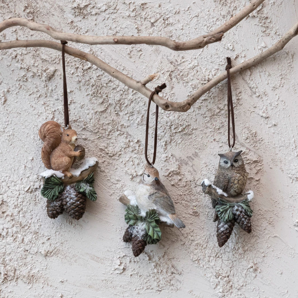 Cast Resin Forest Creature Christmas Ornament CHOICE of Squirrel, Bird, or Owl - Marmalade Mercantile