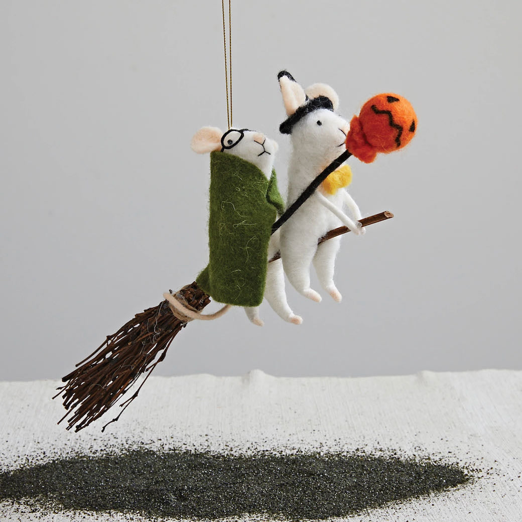 Two Wool Felt Mice on Witches Broom Halloween Ornament