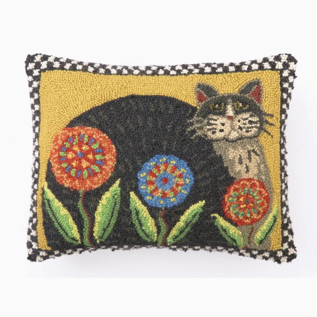 Charming Penny Flower & Cat Hooked Rug Pillow - Marmalade Mercantile