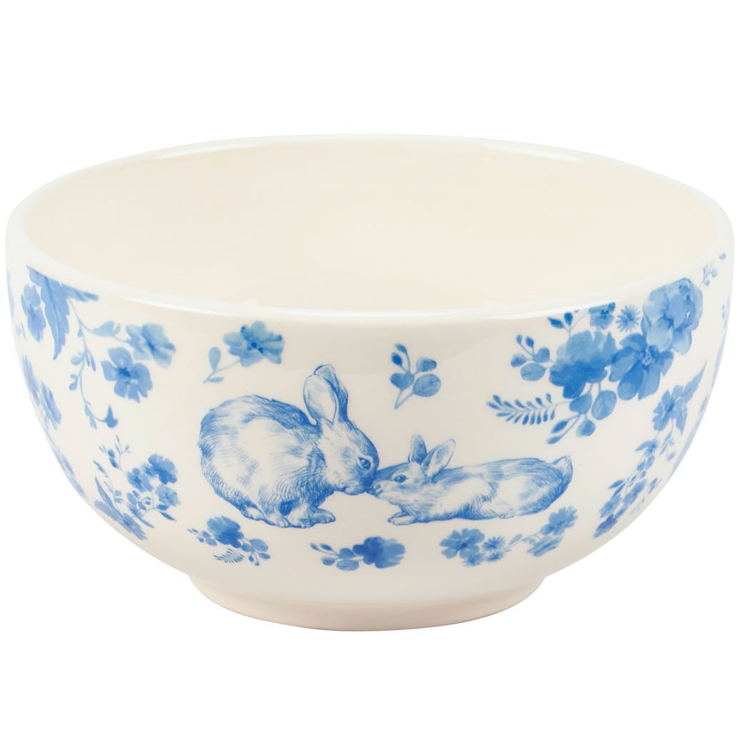 Cheerful Soup or Cereal Bowl w Blue Flowers & Bunny Rabbits - Marmalade Mercantile