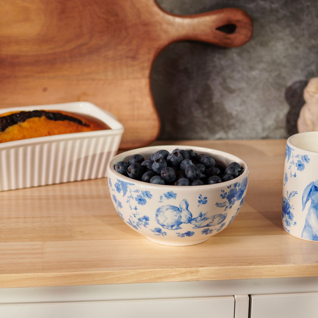 Cheerful Soup or Cereal Bowl w Blue Flowers & Bunny Rabbits - Marmalade Mercantile