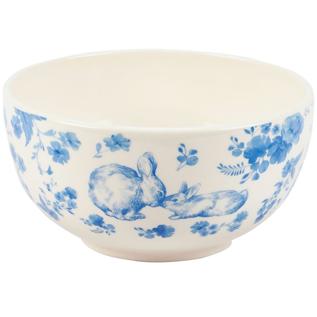 Cheerful Soup or Cereal Bowl w Blue Flowers & Bunny Rabbits - Marmalade Mercantile