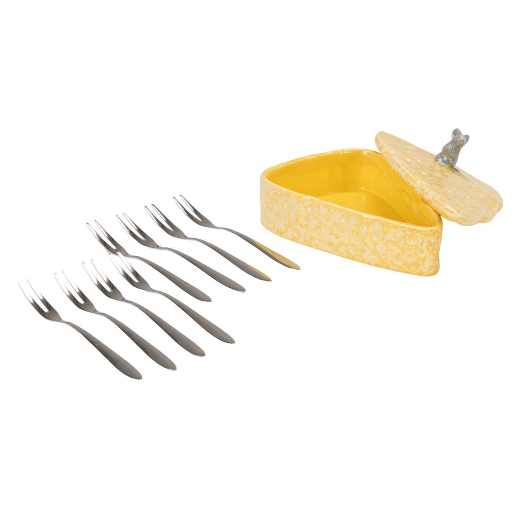 Cheese - Shaped Stoneware Container with Lid & 8 Appetizer Forks - Marmalade Mercantile
