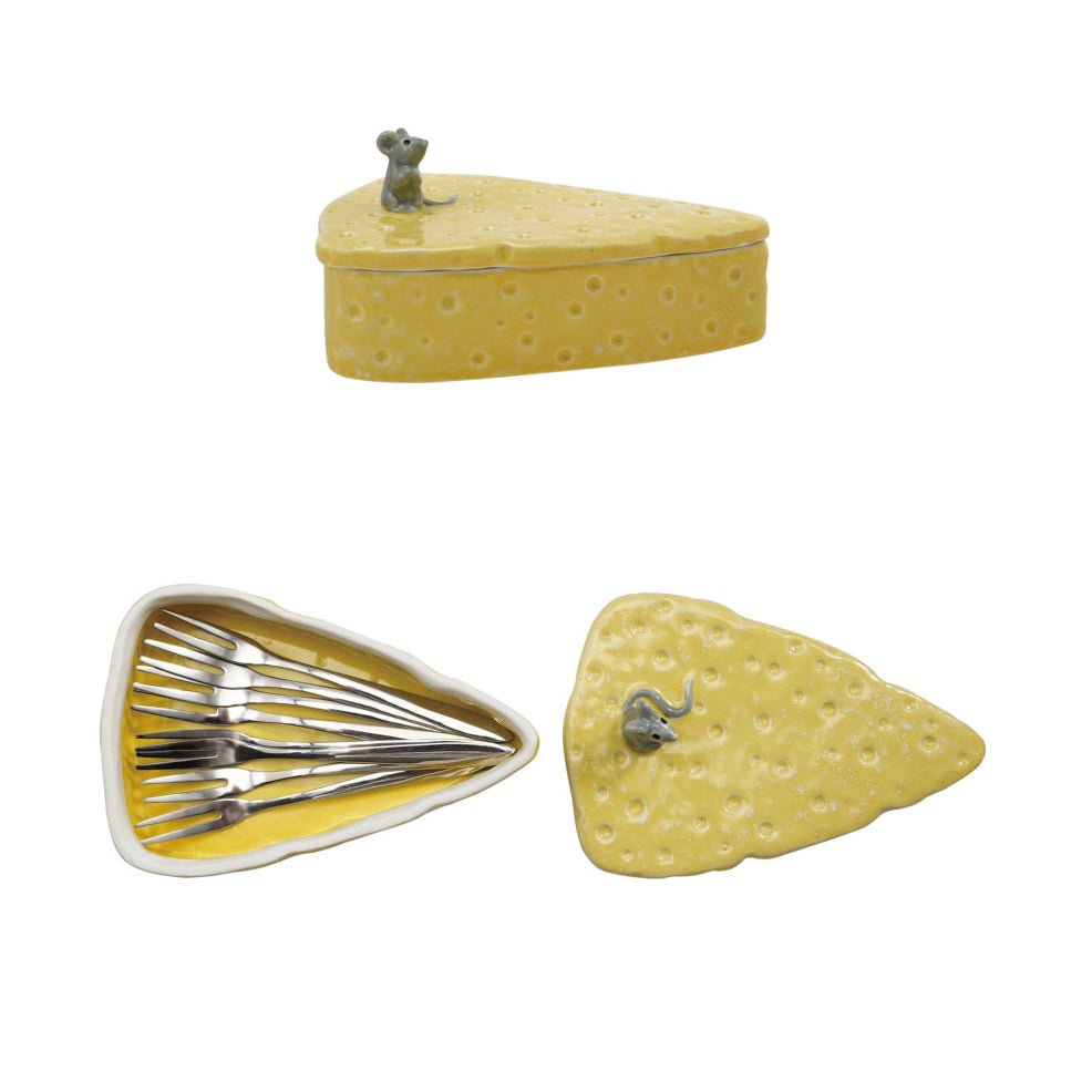Cheese - Shaped Stoneware Container with Lid & 8 Appetizer Forks - Marmalade Mercantile