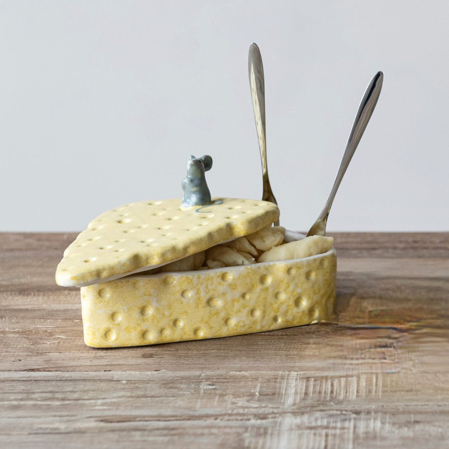Cheese - Shaped Stoneware Container with Lid & 8 Appetizer Forks - Marmalade Mercantile