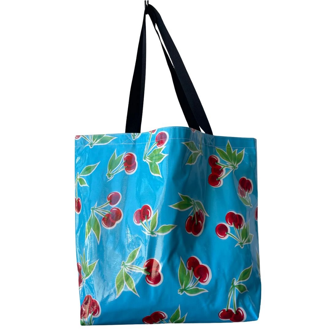 Cherries on Blue Large Vintage - Style Oilcloth Market Tote - Marmalade Mercantile