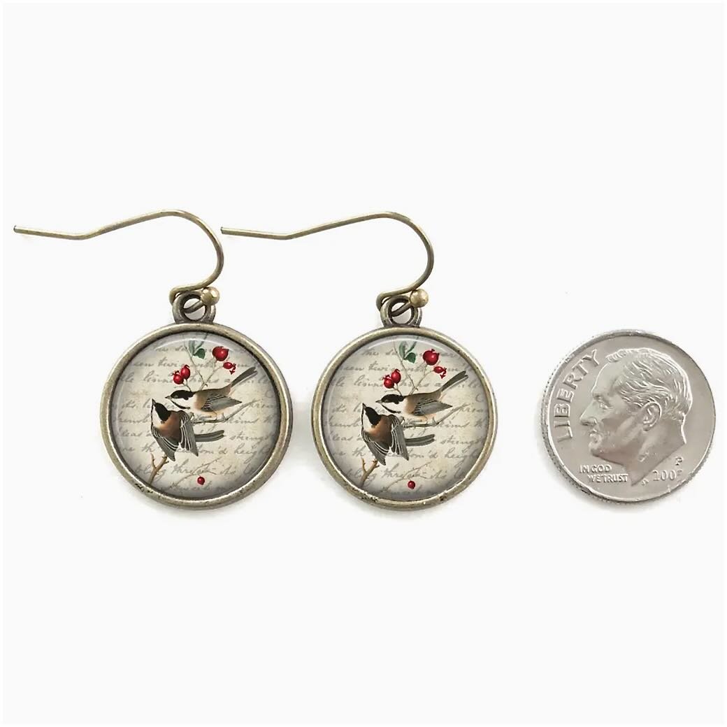 Chickadee on Branch w red Berries Pierced Earrings - Marmalade Mercantile