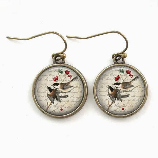 Chickadee on Branch w red Berries Pierced Earrings - Marmalade Mercantile