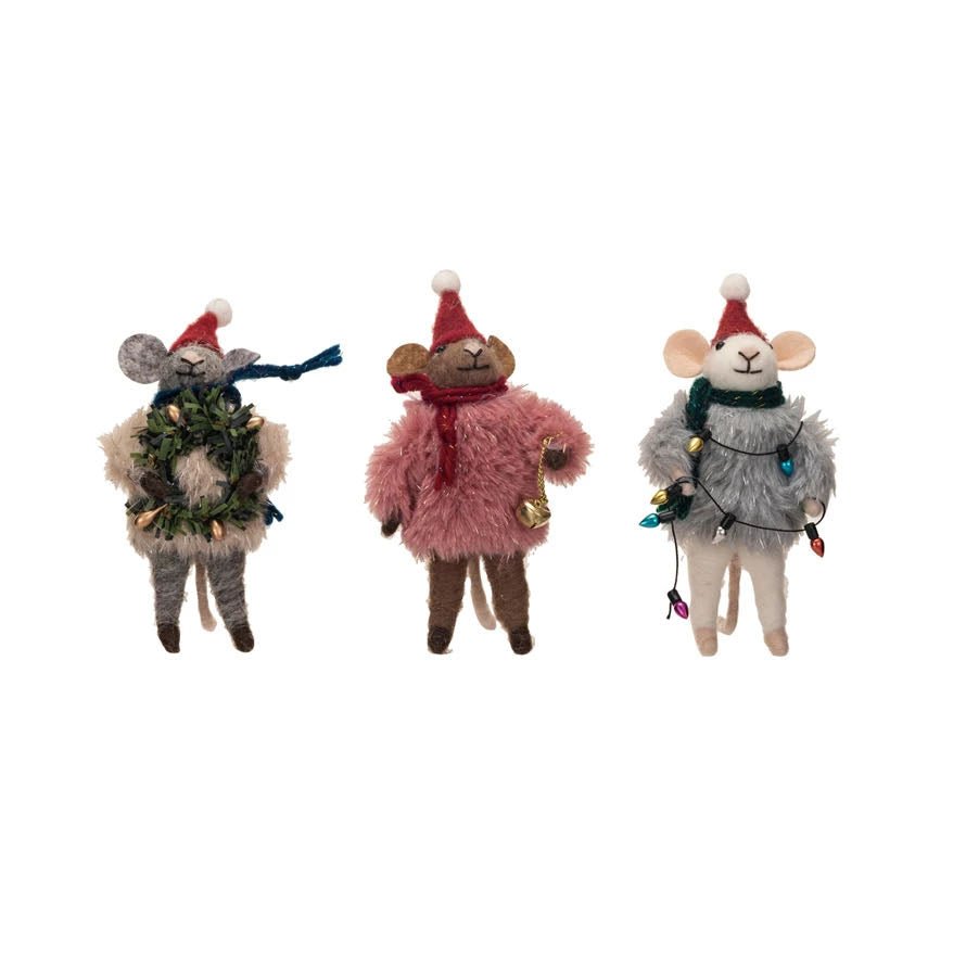 Christmas Ornament Felt Mouse in Faux Fur Sweater CHOICE of 3 Styles - Marmalade Mercantile