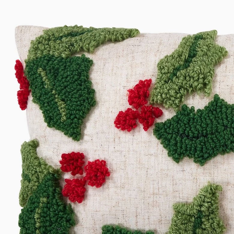Christmas Pillow w Tufted Wool Holly w Red Berries - Marmalade Mercantile