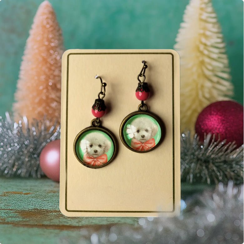 Christmas Puppy Vintage - Style Holiday Earrings for Pierced Ears - Marmalade Mercantile