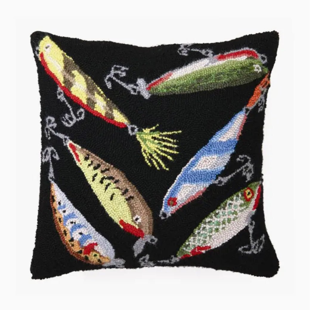 Colorful Fishing Lures Hooked Rug Pillow - Marmalade Mercantile