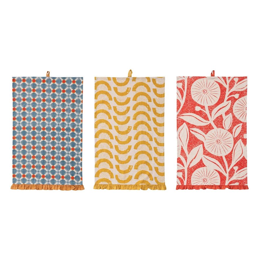 Colorful Ruffled Block Print Tea Towel CHOICE of Color - Marmalade Mercantile
