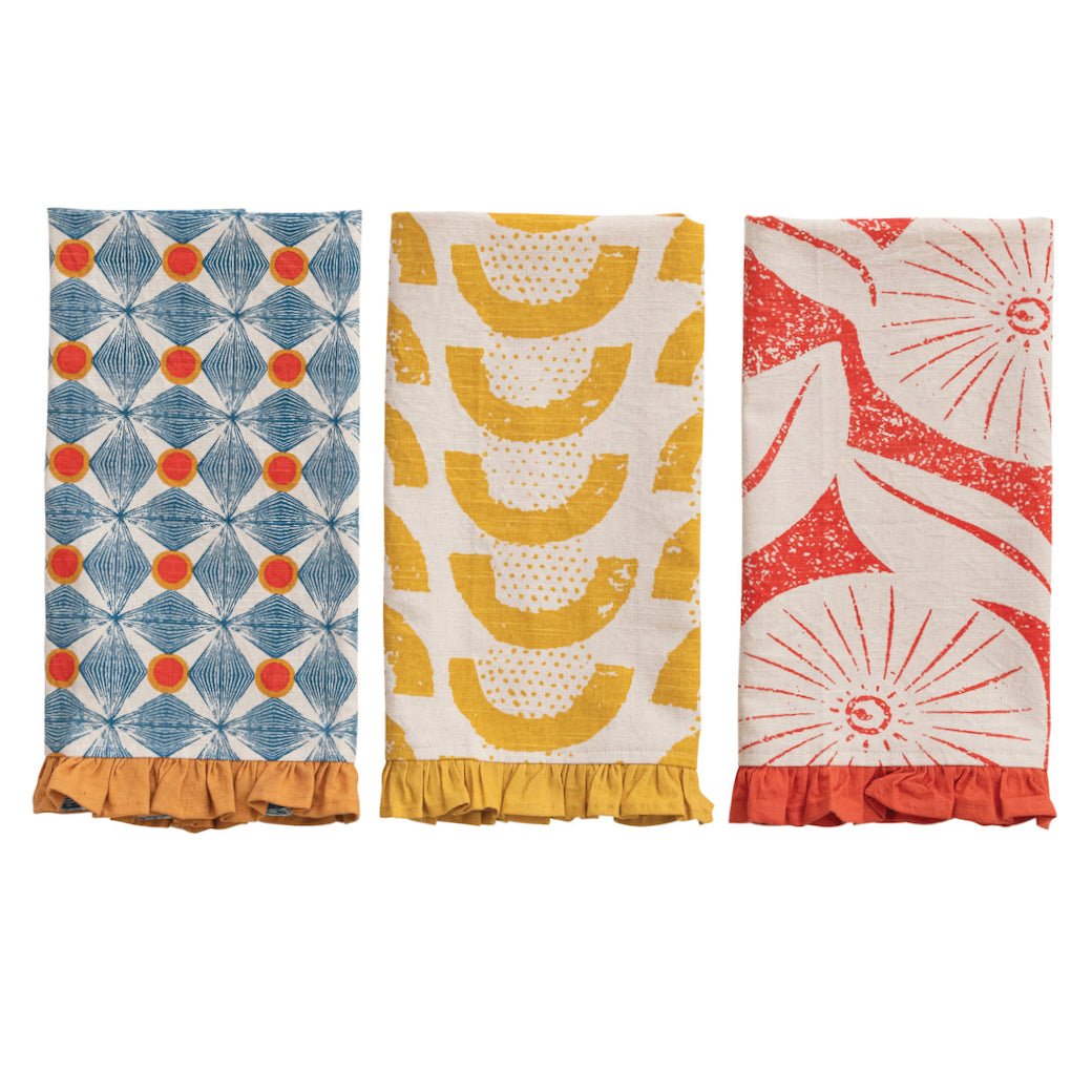 Colorful Ruffled Block Print Tea Towel CHOICE of Color - Marmalade Mercantile