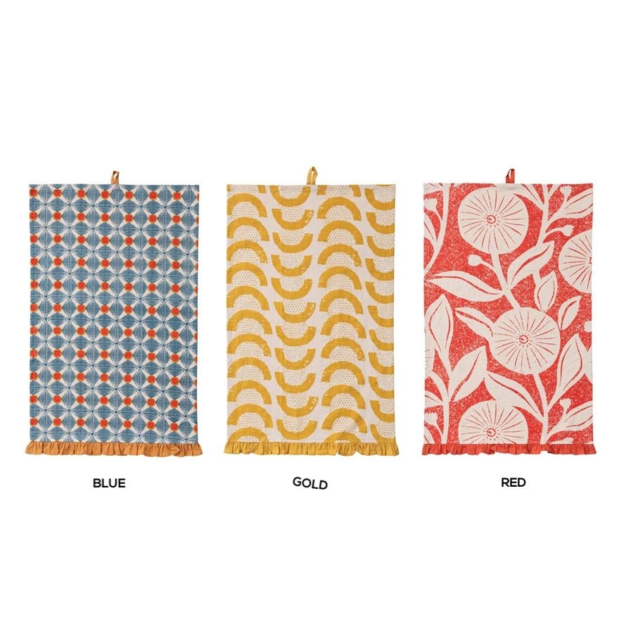 Colorful Ruffled Block Print Tea Towel CHOICE of Color - Marmalade Mercantile