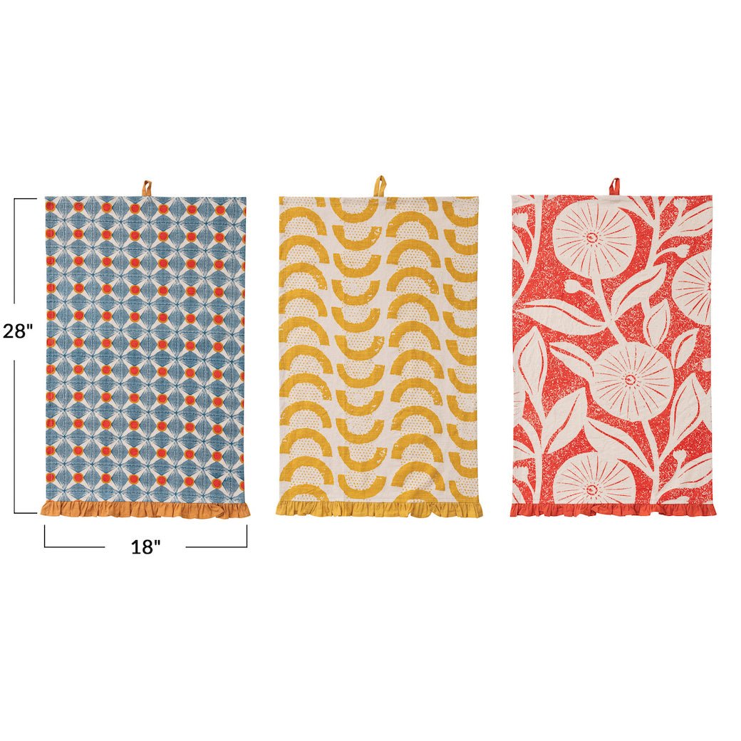 Colorful Ruffled Block Print Tea Towel CHOICE of Color - Marmalade Mercantile