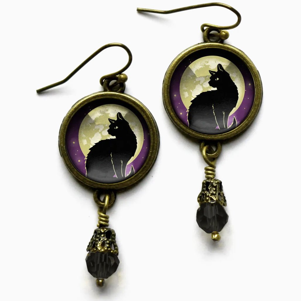 Cottage Core Halloween Black Cat and Full Moon Earrings - Marmalade Mercantile