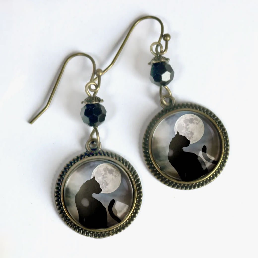 Cottage Core Halloween Black Cat and Silvery Full Moon Earrings - Marmalade Mercantile