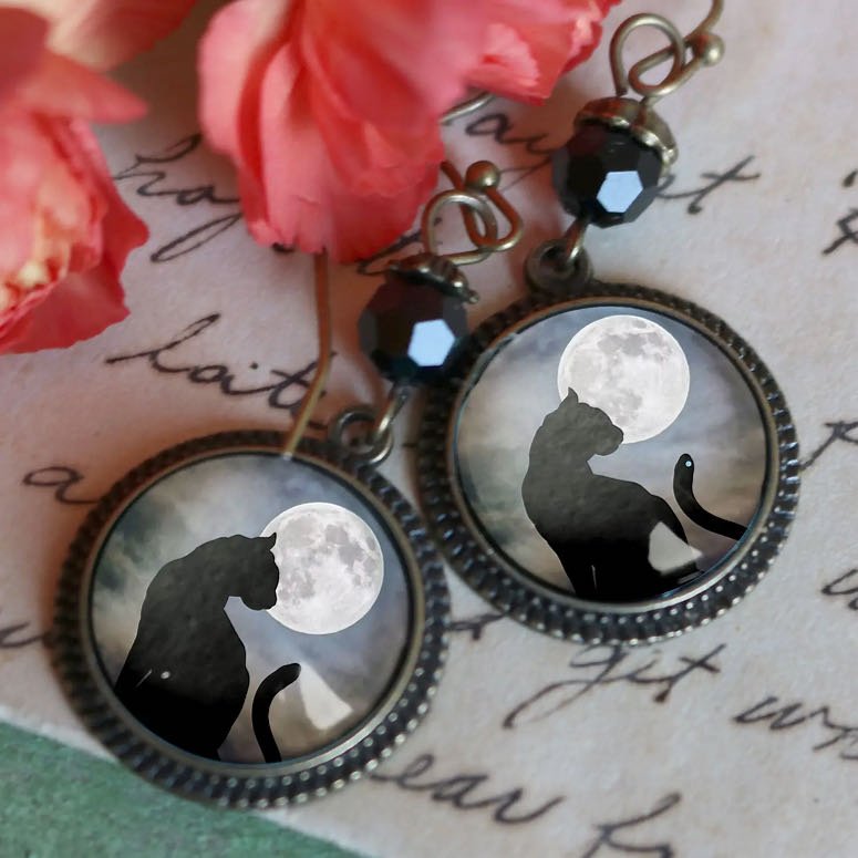 Cottage Core Halloween Black Cat and Silvery Full Moon Earrings - Marmalade Mercantile