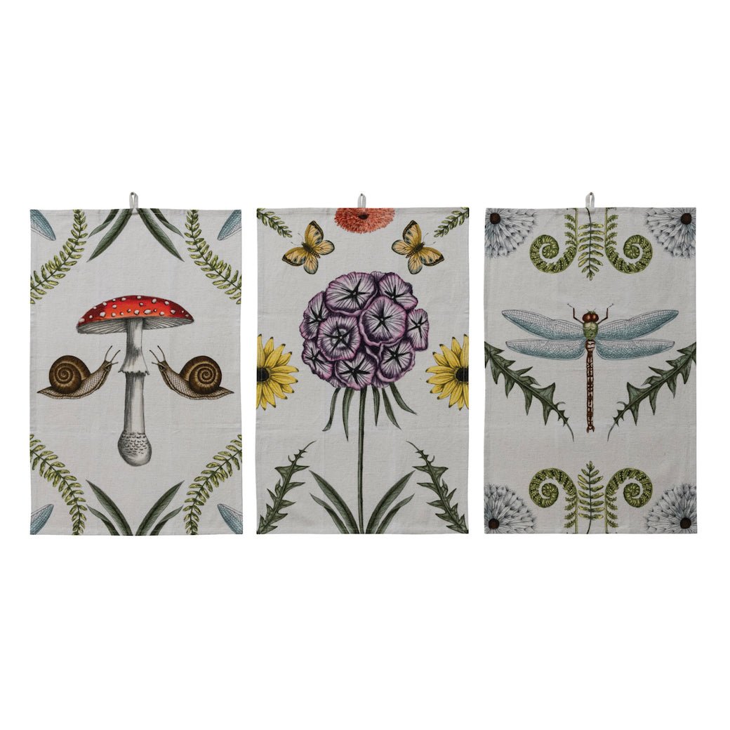 Cotton & Linen Tea Towel with Mushrooms, Snails, Flowers & Dragonflies - Marmalade Mercantile