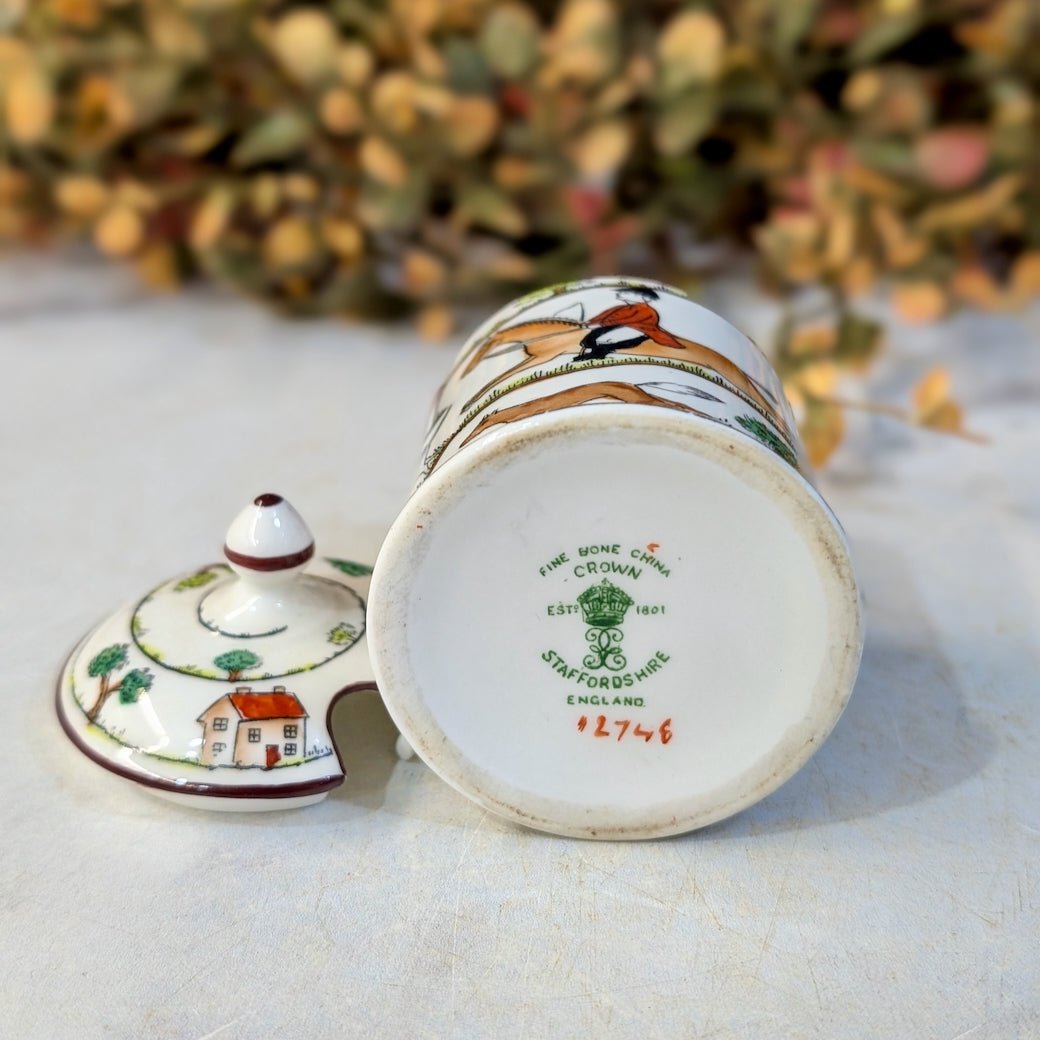 Crown Staffordshire Jam or Mustard Pot with Hunting Scene - Marmalade Mercantile