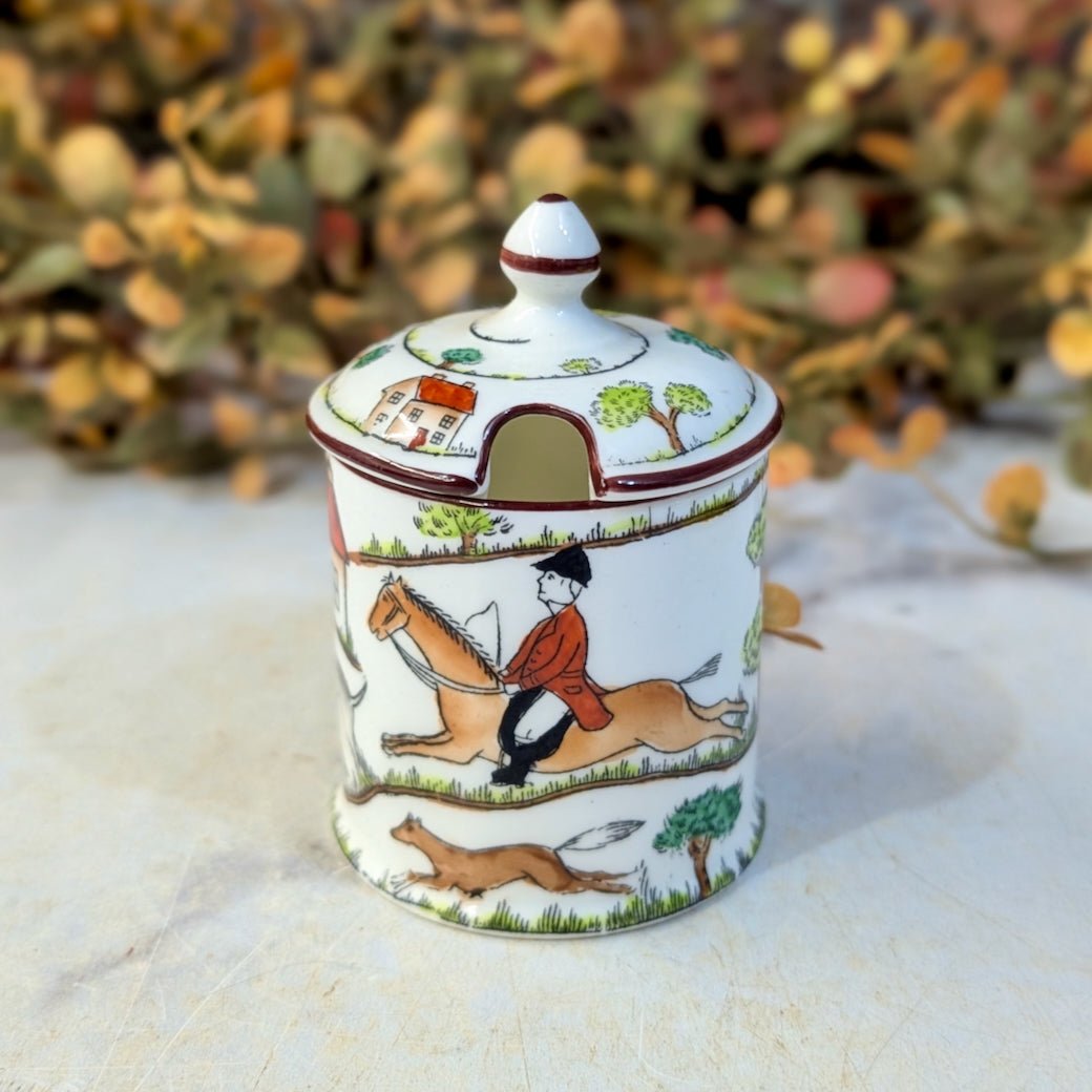 Crown Staffordshire Jam or Mustard Pot with Hunting Scene - Marmalade Mercantile