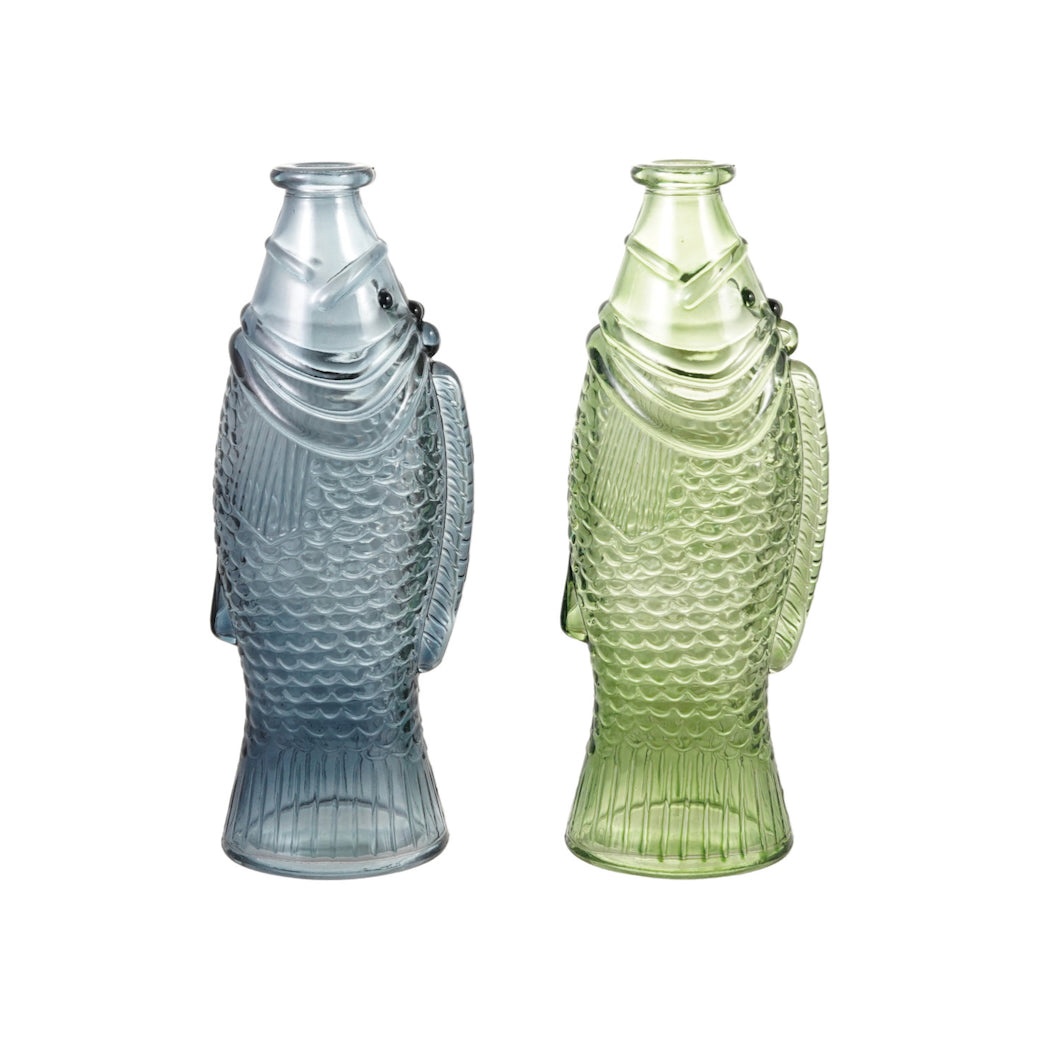 Vintage-Style 8 oz. Glass Fish Shaped Bottle Vase CHOOSE Blue or Green