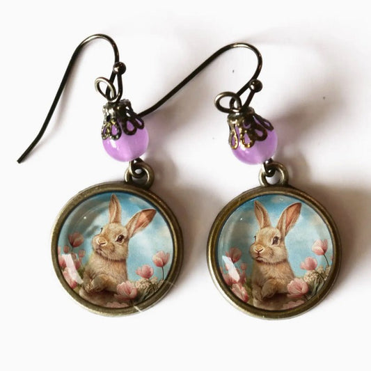 Easter Bunny in Tulips Pastel Earrings for Pierced Ears - Marmalade Mercantile