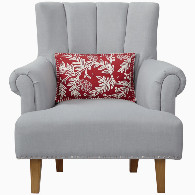 Elegant Red w White Embroidery Pillow w Folk Branch Design - Marmalade Mercantile