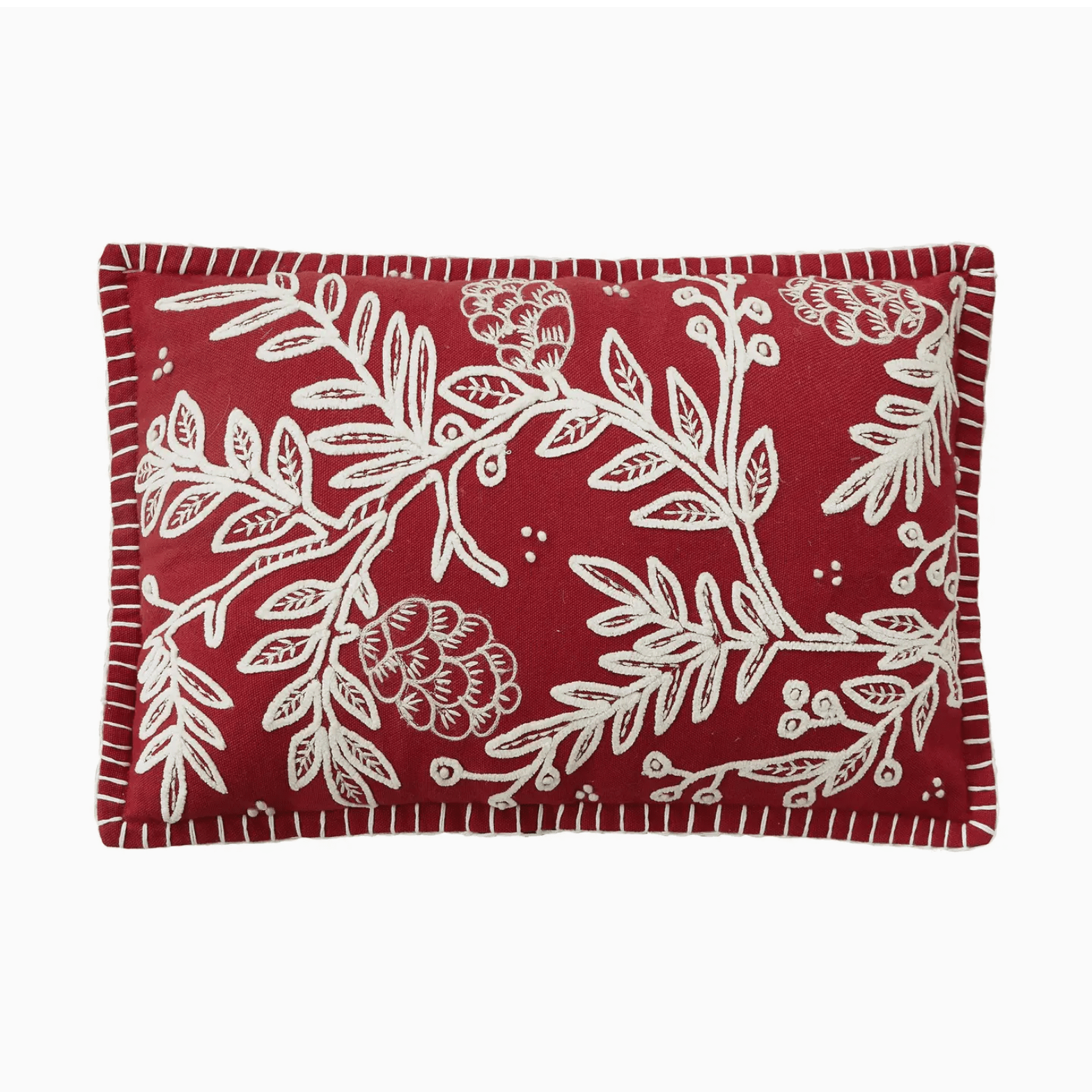 Elegant Red w White Embroidery Pillow w Folk Branch Design - Marmalade Mercantile