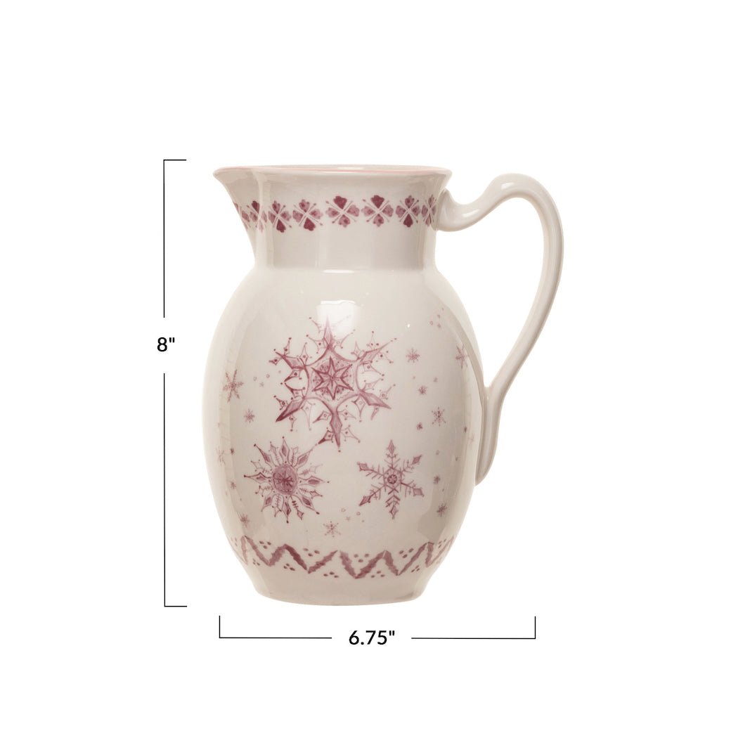 Elegant Two - Quart Stoneware Pitcher w/ Snowflake Pattern Pink & Cream - Marmalade Mercantile
