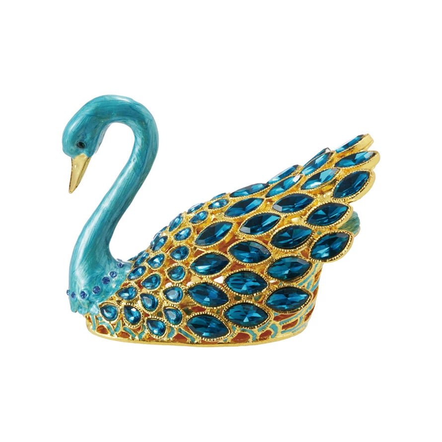 Enameled Metal Swan Shaped Trinket Box w/ Jewels, Gold Finish & Blue - Marmalade Mercantile