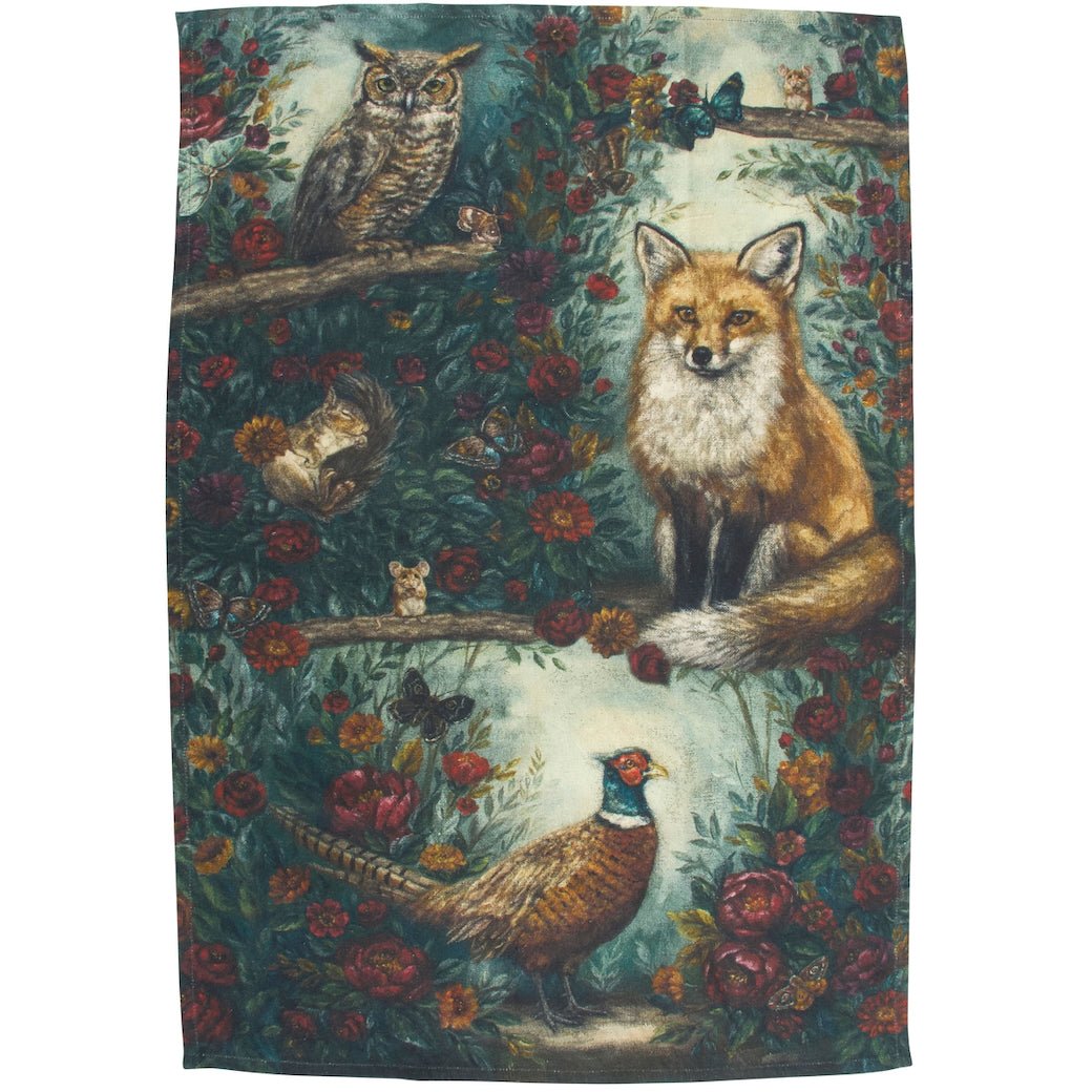 Fall Woodland Kitchen Towel w Fox, Owl & Pheasant - Marmalade Mercantile