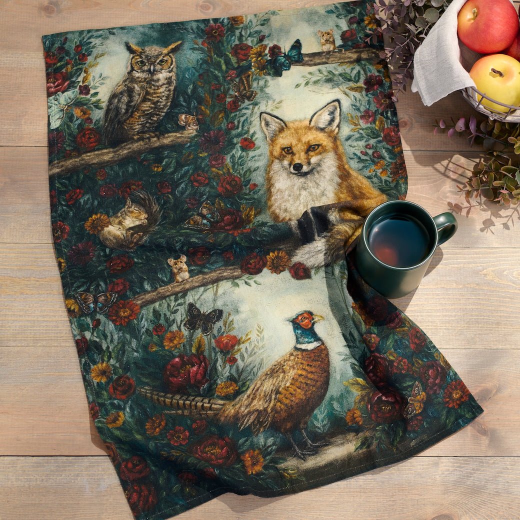 Fall Woodland Kitchen Towel w Fox, Owl & Pheasant - Marmalade Mercantile