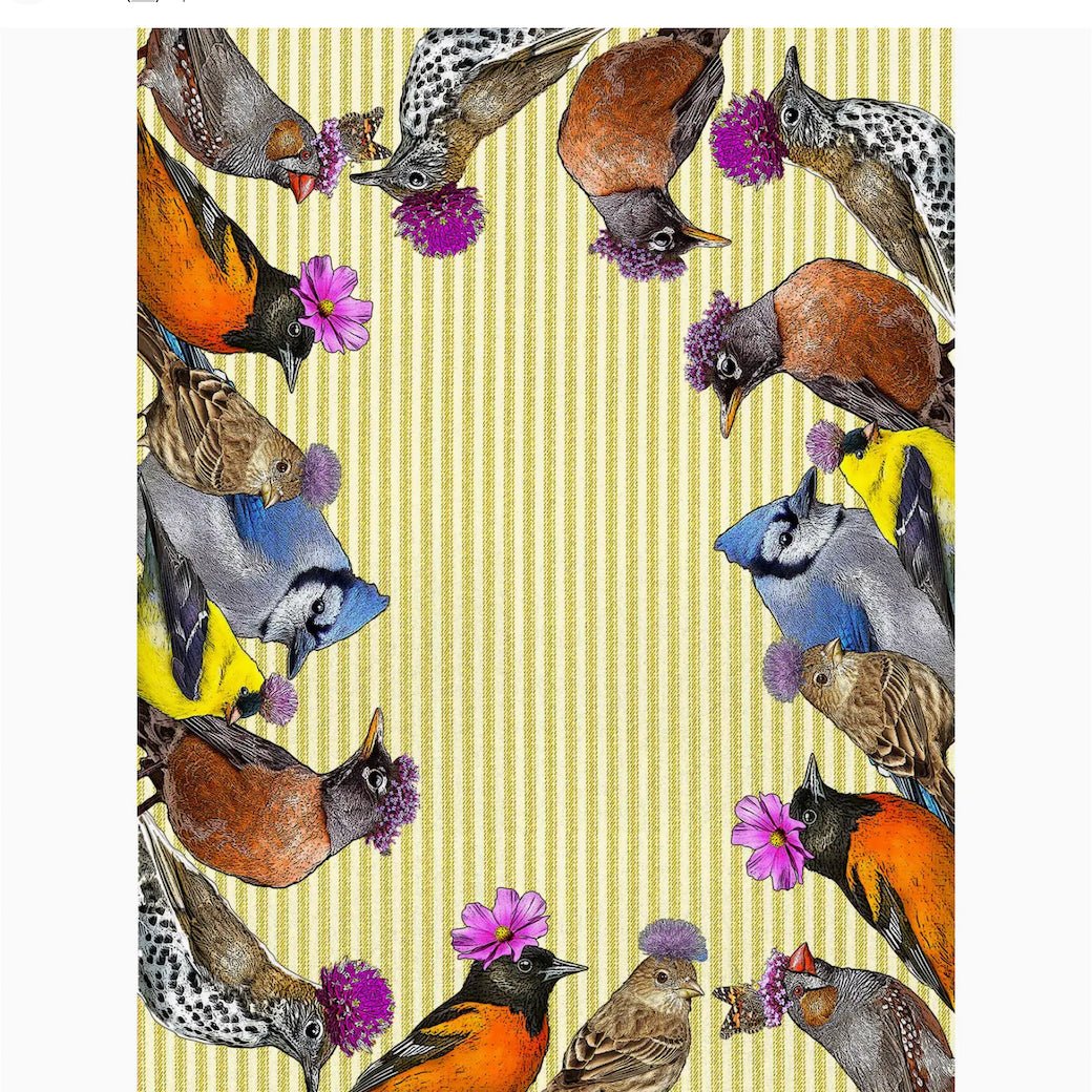 Fanciful Birds in Flower Hats with Ticking Stripe Pattern Flour Sack Kitchen Towel - Marmalade Mercantile
