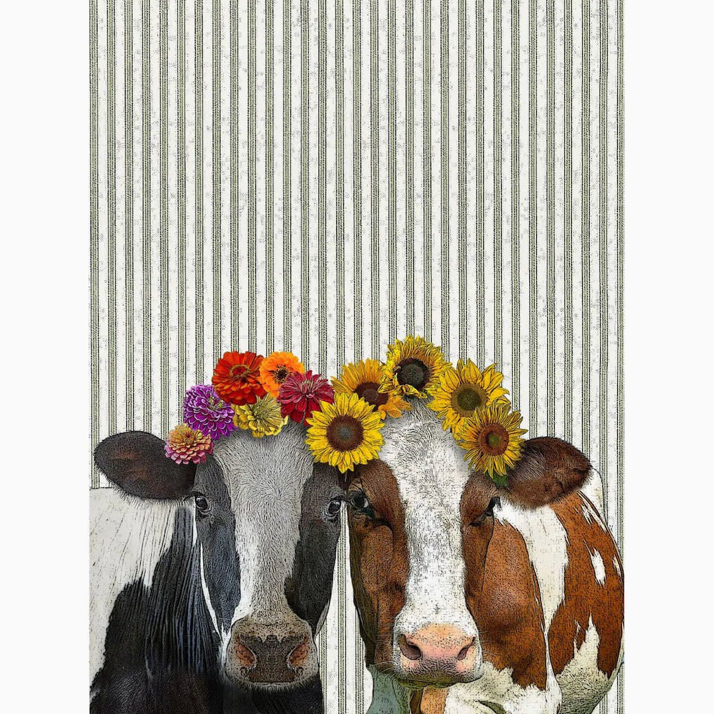 Fanciful Cows in Flower Hats w Ticking Stripe Flour Sack Tea Towels - Marmalade Mercantile