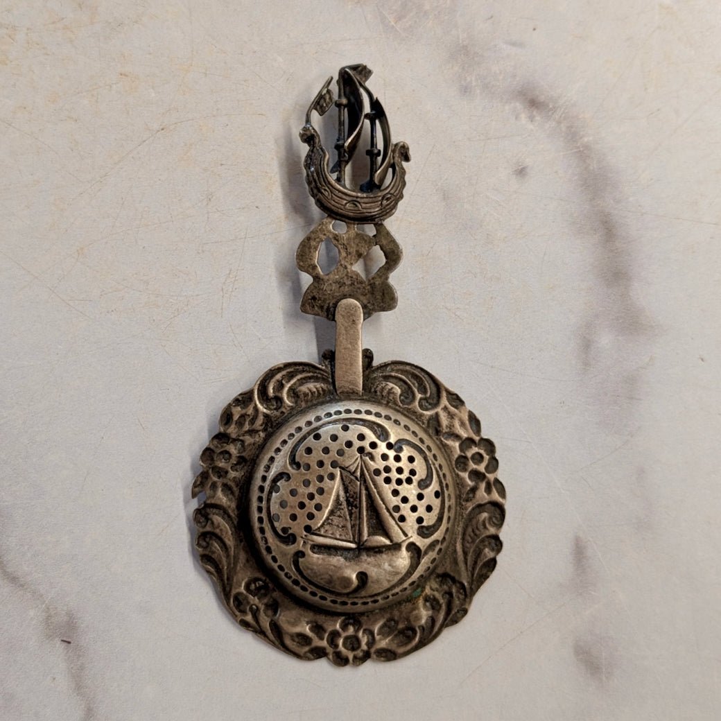 Fancy Vintage Silver Plate Tea Strainer with Maritime Images - Marmalade Mercantile