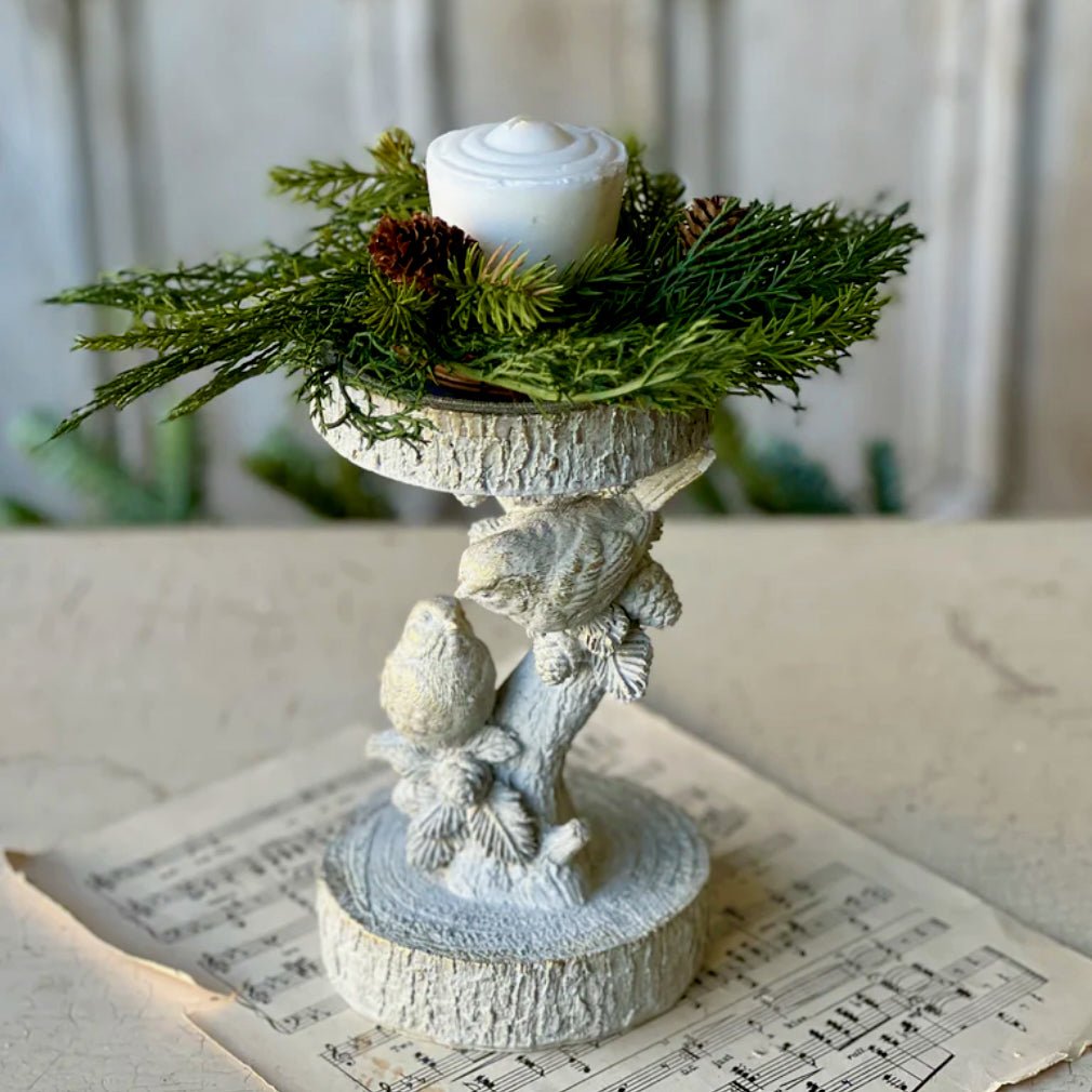 Feathered Woods Resin Pillar Candle Holder with Birds - Marmalade Mercantile